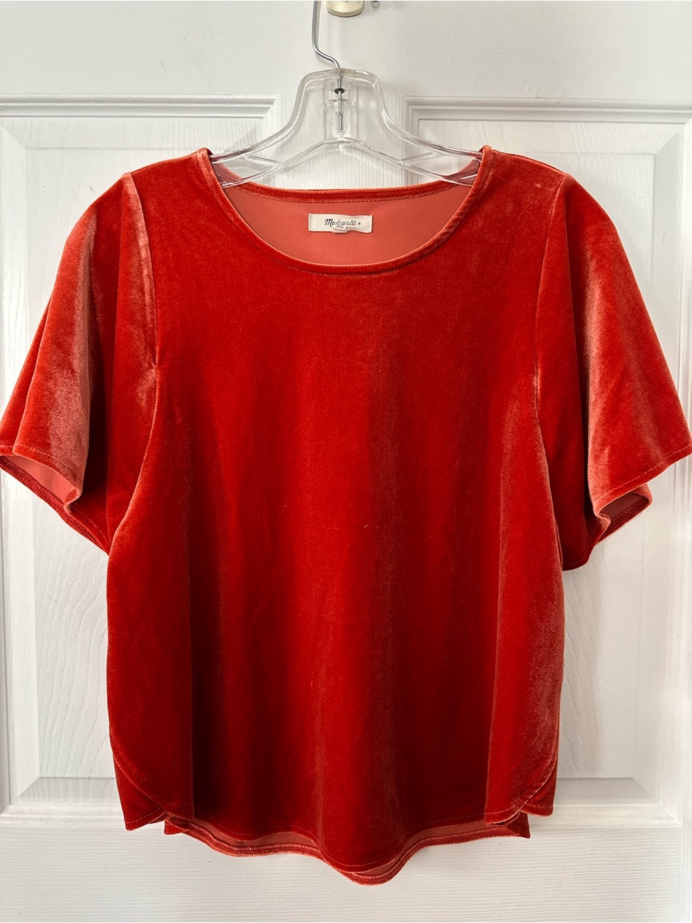 Madewell Plush Short Sleeve Velvet Tee in Red-Orange